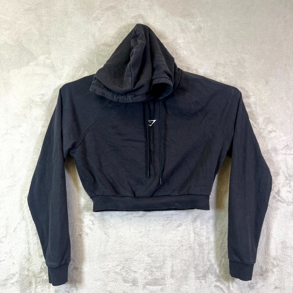 Gymshark Cropped Hoodie Women's M Blue Cotton Lined Raglan Sleeve Gym Workout